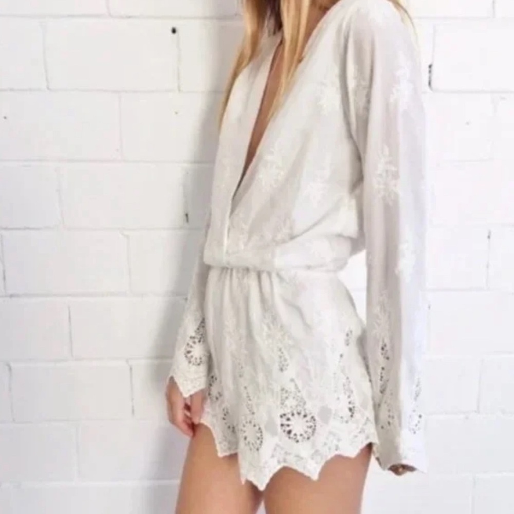 Stone Cold Fox White Lace Te Amo Romper Dress Bell Sleeve XS/S cotton silk